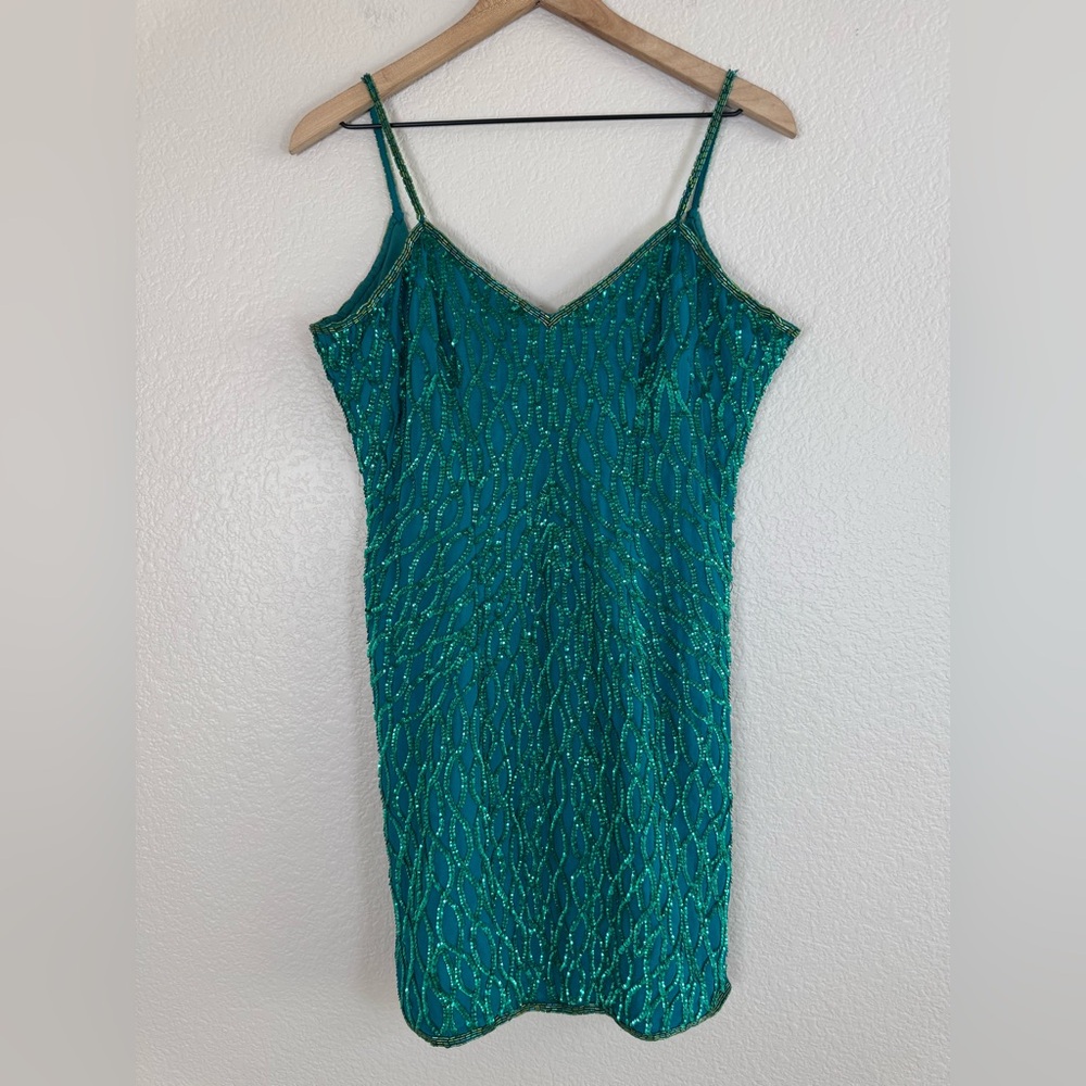 Vintage Laurence Kazar Emerald Green Sequin Beaded Silk Mini Dress Medium 80’s